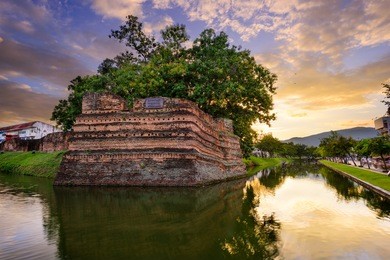 chiang mai, thailand old city ancient wall and moat.