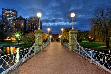 lagoon bridge at night in boston public garden