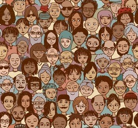diverse crowd of people - seamless pattern of hand drawn faces from various age groups and ethnic backgrounds