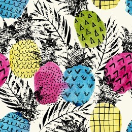 colorful pineapple with watercolor and grunge texture seamless pattern. watercolor stain, paint splatter. abstract watercolor pineapple shape, grunge palm leaves in pop art style. summer background