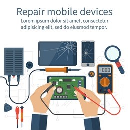 mobile phone repair. vector illustration, flat design. broken mobile phone, tablet. repair electronic equipment. electronic technology. check multimeter. hand men repaired smartphone.