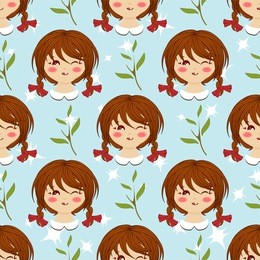 seamless vector pattern. flat cartoon girl with braids hair. sweet, bright color. kawaii smiling face expression. perfect for textile, background, texture, fabric. blue, green, pink, red 
