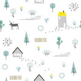 scandinavian geometric seamless pattern. simple flat deer, house, trees, tulip and landscape elements. map texture. minimalist european houses. blue colors. cartoon illustration