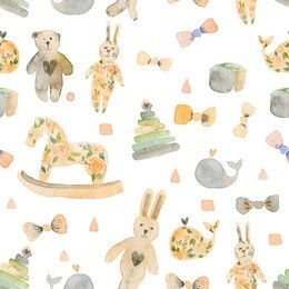 watercolor hand drawn toys for kids. seamless isolated on white background texture for wallpaper, wrapping, textile and much more