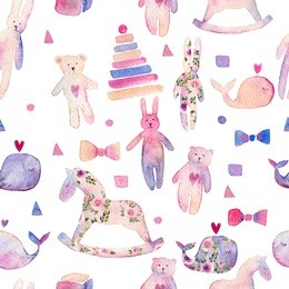 watercolor hand drawn toys for kids. seamless isolated on white background texture for wallpaper, wrapping, textile and much more