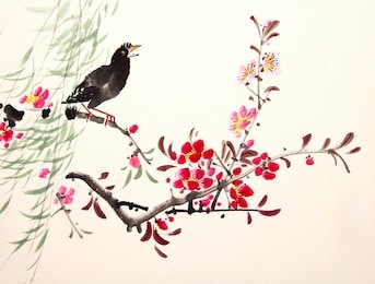 chinese ink painting bird and plant