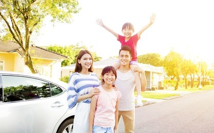 beautiful happy family portrait  outside their  house