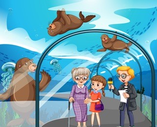man interview visitors at the aquarium illustration