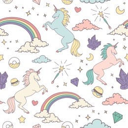 
magic seamless pattern with unicorn, rainbow, stars and crystals 