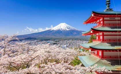 mt. fuji with chureito pagoda in spring, fujiyoshida, japan