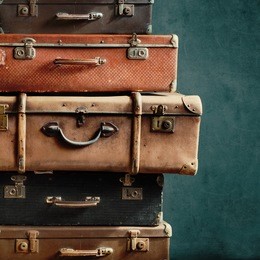 vintage pile ancient suitcases form of tower design concept travel luggage traveler on shabby black background long format