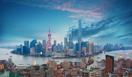 aerial photography bird view at shanghai bund skyline of dusk 