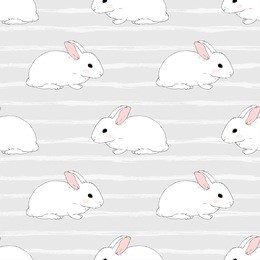 seamless pattern with cute white rabbits on striped background. vector illustration