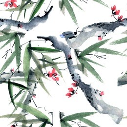 watercolor and ink illustration of sakura and bamboo with insect in style sumi-e, u-sin. oriental traditional painting. seamless pattern.