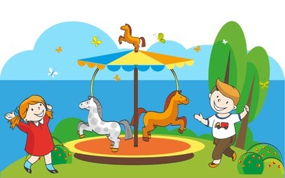 happy kids on the carousel with horses