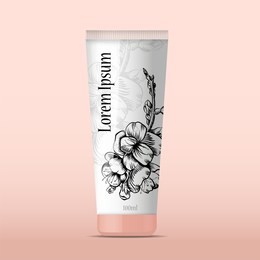 branch of cherry blossoms. illustration flowers of the cherry blossoms in vintage style. vector illustration, sketch. isolated line elements. packing tube for cosmetics. 