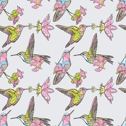 small bird. hummingbirds. floral pattern. vector seamless pattern (background).