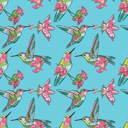 small bird. hummingbirds. floral pattern. vector seamless pattern (background).