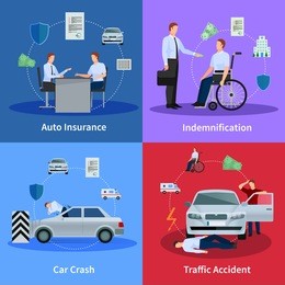 auto insurance concept with car crash traffic accident and compensation isolated vector illustration