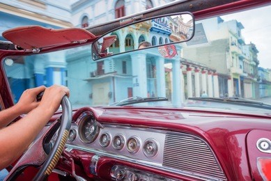 havana, view from inside an old vintage classic american car, cuba