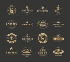 vintage logos design templates set, vector design elements. logo elements, logo symbols, logo icons, logos vector, symbols design, retro logos. cow head logo, coffee label, ornaments line, lock icon.