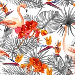 flamingo, tropical leaves and exotic flowers. seamless pattern with monochrome black and white background. watercolor