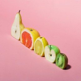 various fruits sliced in half. minimal concpet.