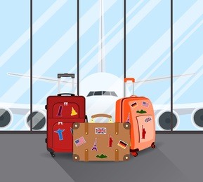 travel suitcases in airport with a plane in background. travel, business trip concept. vector illustration in flat design. travel and vacations concept