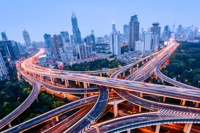 aerial view of a highway overpass at night in shanghai -  china. 