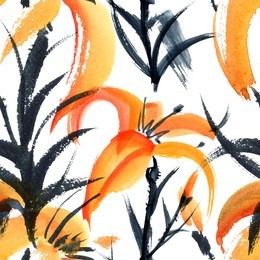 lily. watercolor and ink painting in style gohua, sumi-e, u-sin. oriental traditional painting. seamless pattern.