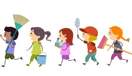 stickman illustration of kids carrying cleaning tools
