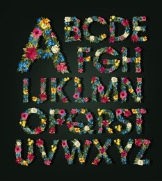 summer flowers letters. flower alphabet. colorful font. uppercase. abc. grotesque capital letters. vector illustration. 