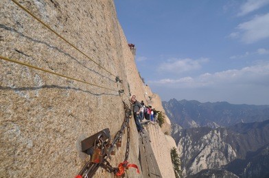 the mighty mount huashan`s plank walk in the sky in shanxi province, central china