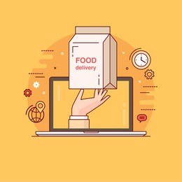thin line colorful vector illustration concept for food delivery, online ordering of meal isolated on bright background