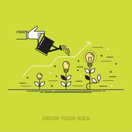 thin line colorful vector illustration of a hand watering light bulbs, concept for creative innovative work, investing into ideas, growing business, innovation isolated on bright background