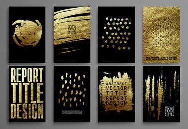 set of black and gold design templates for brochures, flyers, mobile technologies, applications, and online services, typographic emblems, logo, banners. abstract modern backgrounds. 