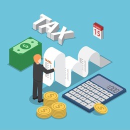 isometric businessman calculate document for taxes with calculator, cash and coin, calendar, tax payment concept