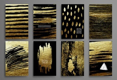 set of black and gold design templates for brochures, flyers, mobile technologies, applications, and online services, typographic emblems, logo, banners and infographic. abstract modern backgrounds. 