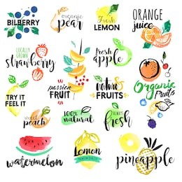 set of hand drawn watercolor labels and stickers of fruit. vector illustrations for graphic and web design, for food and drink, restaurant and bar, menu, fruit market, organic fruits.