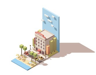 vector isometric icon or infographic element representing hotel building on the beach.cars passing by on the street