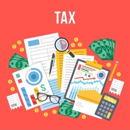 tax calculation, budget calculation, accounting, paperwork concept. top view. modern flat design graphic elements for web banners, web sites, infographics. red background. creative vector illustration