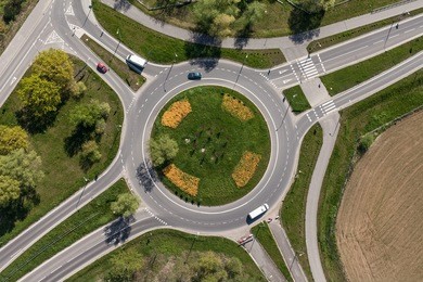 aerial view of roundabout in the city in  the summer