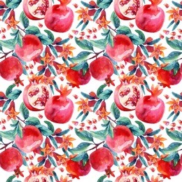 watercolor pomegranate bloom branches and fruit seamless pattern. pomegranate fruit, berries and flower on white background. hand painted illustration