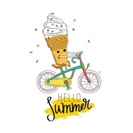 ice cream in a waffle cup rides a bicycle. the inscription hello summer on a smear of yellow ink. vector illustration on white background. excellent print on a t-shirt. fashionable calligraphy.
