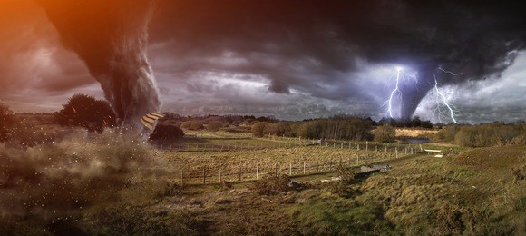 view of a large tornado destroying the landscape