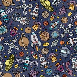 cartoon hand-drawn space, planets seamless pattern. lots of symbols, objects and elements. perfect funny vector background.