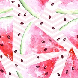 exotic summer watercolor seamless pattern with slices of watermelon, natural pattern on white background, summer tropical illustration.raster summer design.watercolor hand drawing.fresh organic food.
