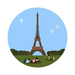 eiffel tower icon isolated on white background. vector illustration for famous building design. travel tour postcard. with blue sky and green grass. french landmark symbol. touristic paris sign