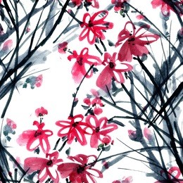 peony flower. watercolor and ink illustration in style gohua, sumi-e, u-sin of chrysanthemum bouquet. oriental traditional painting. seamless pattern. 