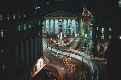long exposure - royal stock exchange - london -  light trails - city of london